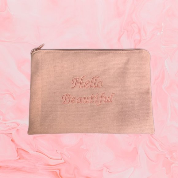 Hello Beautiful pink cosmetic bag zipper embroidered and Handmade - Picture 6 of 9